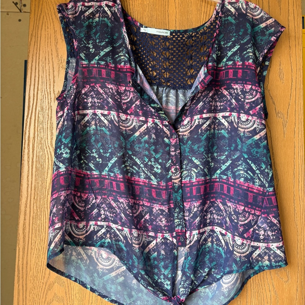 Maurices Navy and Pink Patterned Blouse